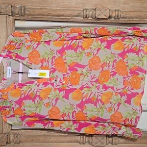 Calvin Klein Pink and Orange Floral Blouse with Intricate Pattern Size Medium